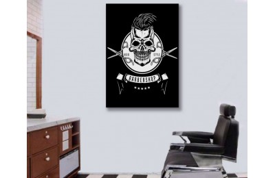 srbb9 - Bıyıklı ve Saçlı Kurukafa ve Ara Makas Modern Berber Salonu Kanvas Tablo