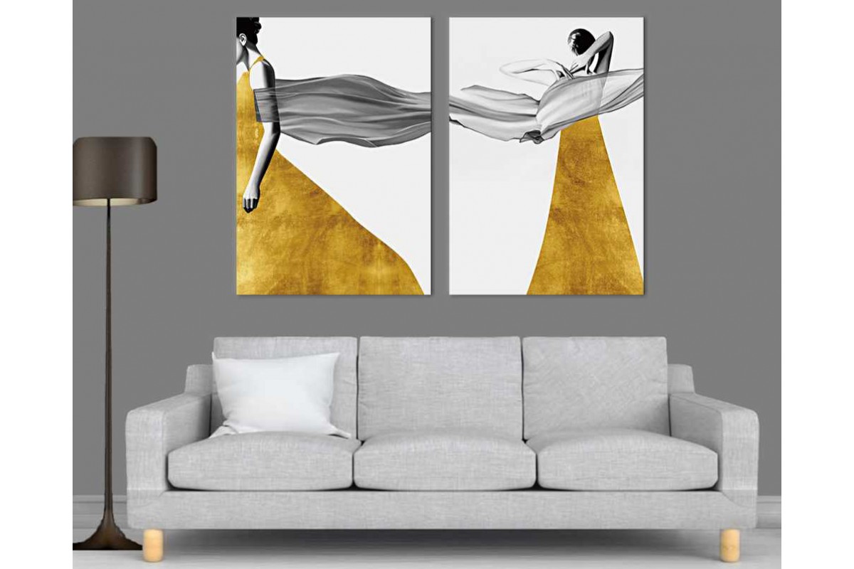 srdk89 - Tül Fularlı ve Sarı Elbiseli Kadınlar Modern Sanat Dekoratif Kanvas Tablo Seti