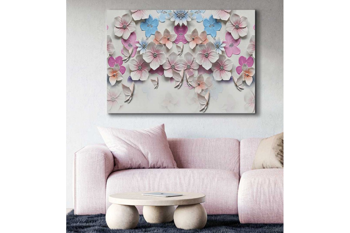 srdk85 - 3 boyut Görünümlü Pembe ve Beyaz Çiçekler Dekoratif kanvas tablo