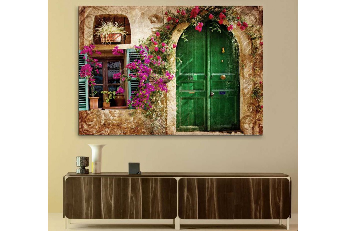 srkm59 - Begonvil Çiçekleri ve Yeşil Kapılı Taş Ev Dekoratif kanvas tablo