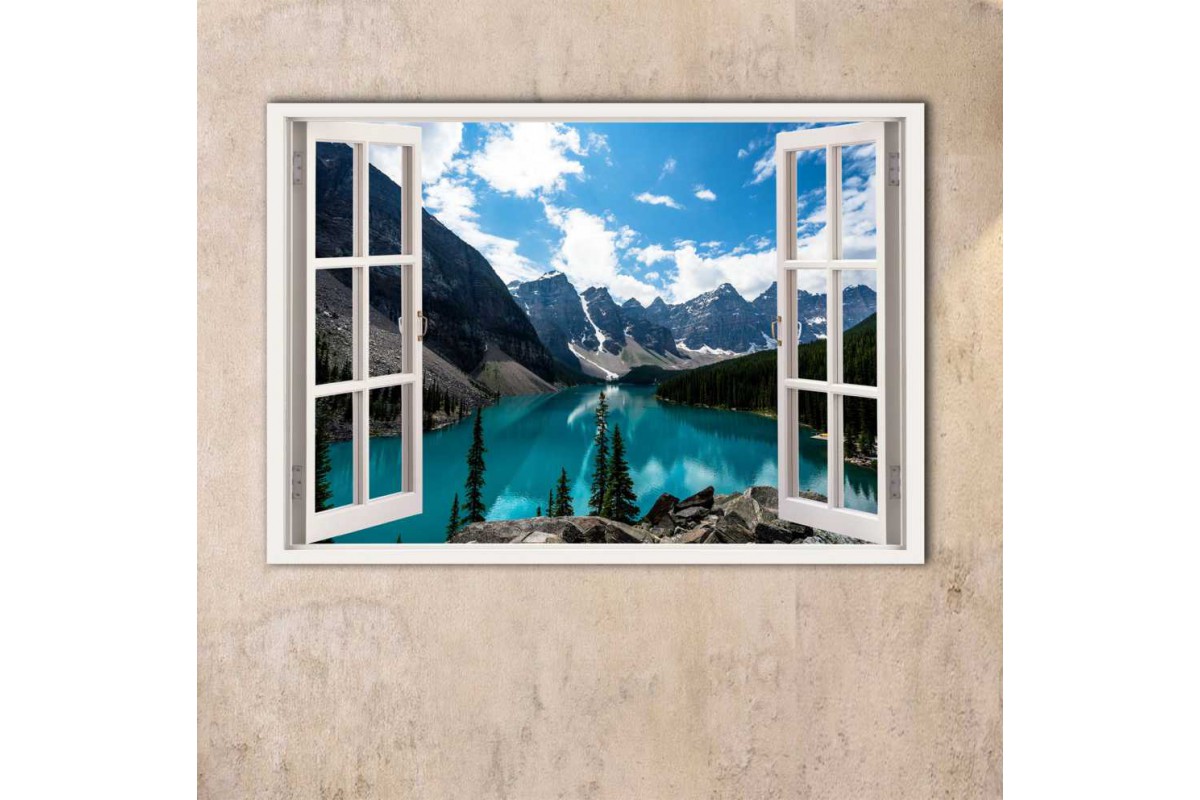 srw13 - Açılan Pencereden Dağ, Göl ve Orman Manzarası kanvas tablo