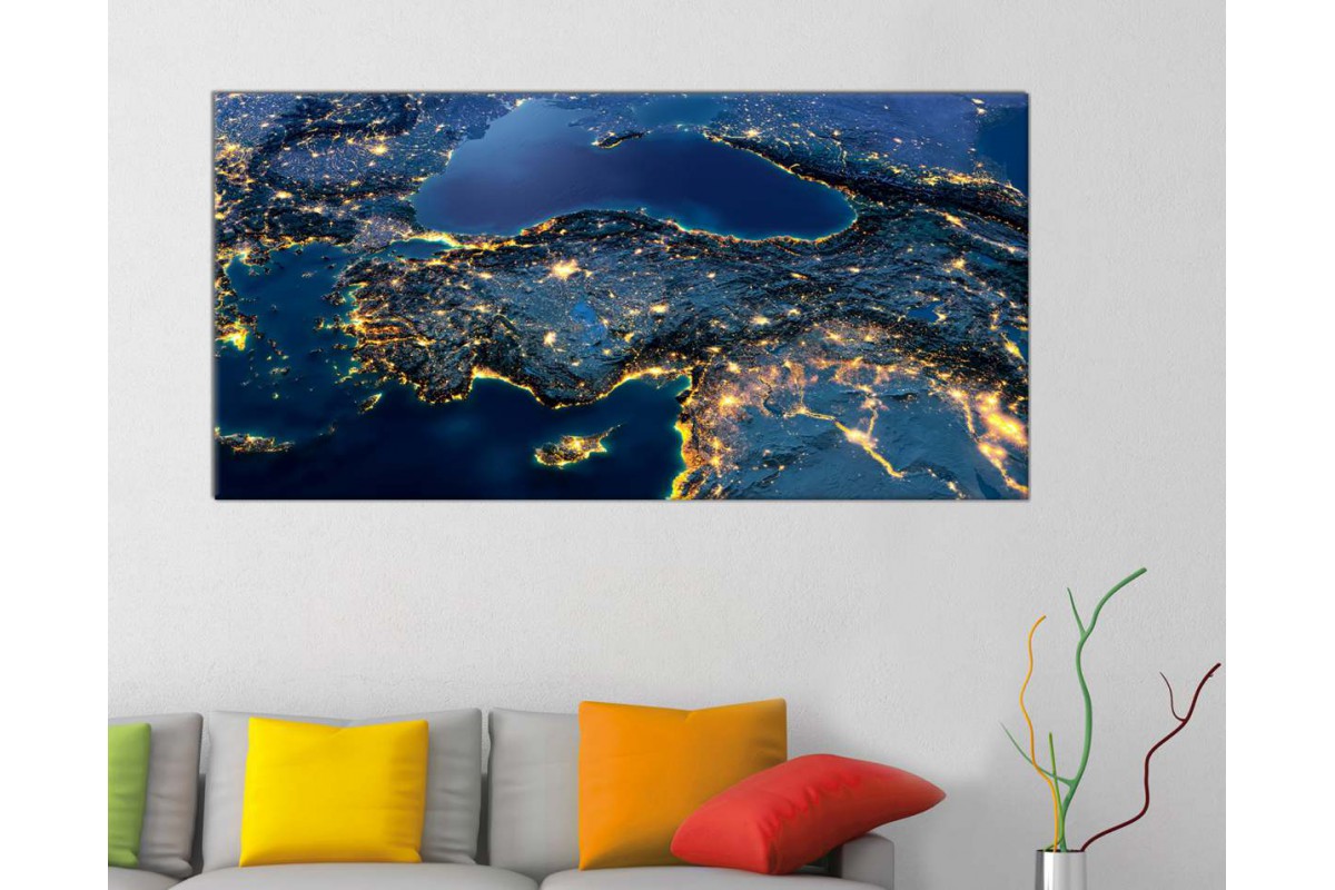 srth13b - Uzaydan Gece Görünüm, Uydu Türkiye Haritası Kanvas Tablo - 50x100 cm