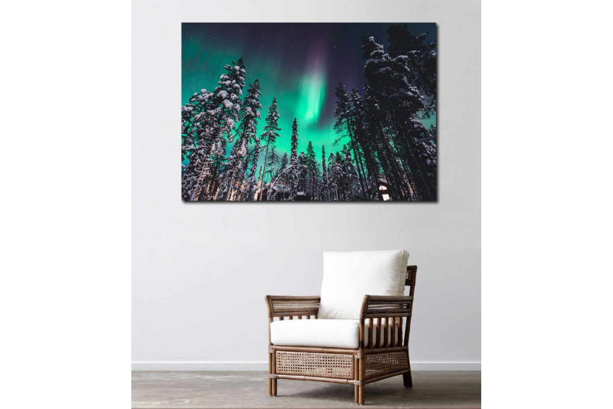 skzy34 - Aurora Borealis, Kuzey Kutup Işıkları ve Orman Manzaralı Kanvas tablo