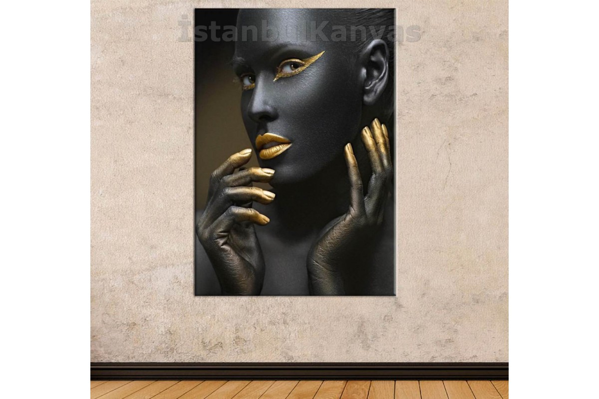 Srda3 - Siyah Ve Altın Rengi Makyajlı Kadın Dekoratif Kanvas Tablo