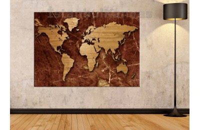 Srh2 - Özel Tasarım Mermer Ve Ahşap Görünümlü Dünya Haritası Kanvas Tablo