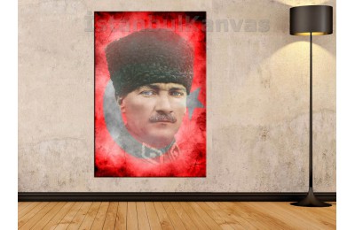 Skr1881b - Türk Bayrağı Ve Kalpaklı Mustafa Kemal Atatürk Özel Tasarım Kanvas Tablo
