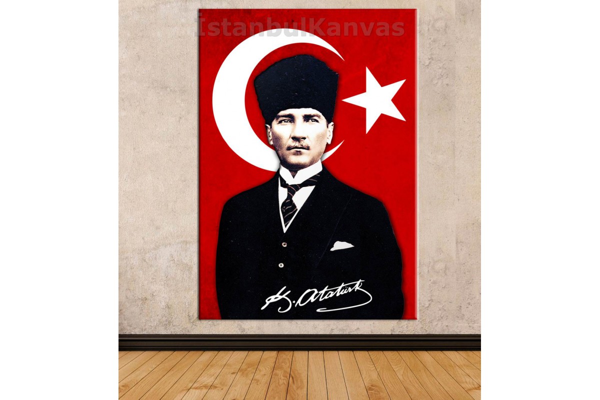 Skr1938 - Türk Bayrağı Ve Kalpaklı Mustafa Kemal Atatürk İmzalı Özel Tasarım Kanvas Tablo