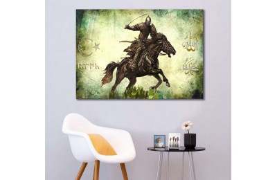 srk301-TÜRK SAVAŞÇI-KALİGRAFİ AY YILDIZ-GÖKTÜRKÇE TÜRK-ALLAH-MUHAMMED LAFZI kanvas tablo