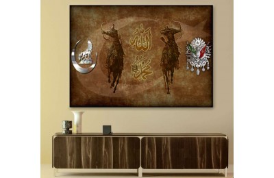srk414 - ATLI TÜRK SAVAŞÇILAR, GÜMÜŞ BOZKURT VE OSMANLI ARMASI ÖZEL TASARIM KANVAS TABLO