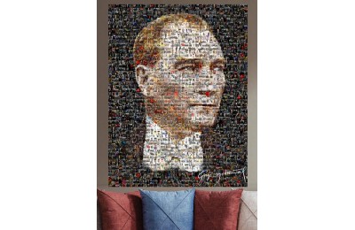 Srka110 - Mozaik Atatürk Resmi, Minyatür Atatürk Resimlerinden Oluşan Kolaj Atatürk Portresi Kanvas Tablo