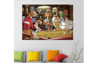 srpd1 - Bilardo Oynayan Köpekler Yağlı Boya Görünümlü Dekoratif Kanvas Tablo