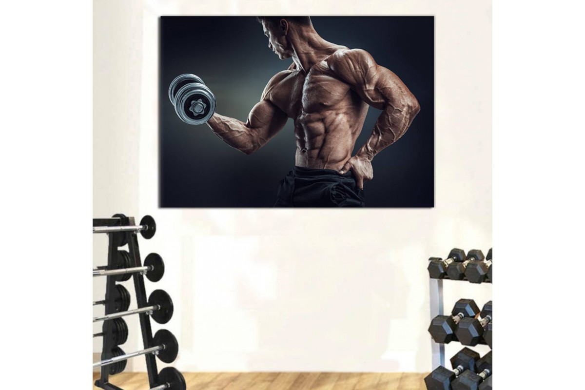 srss24 - Dambıl Kaldıran, Ön Kol Biceps Çalışan Bodybuilding Sporcusu Kanvas Tablo