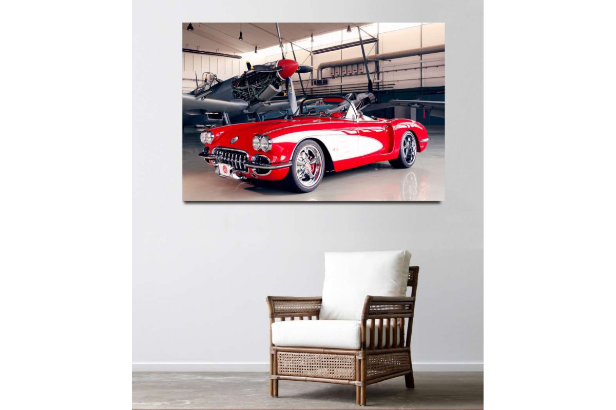 srvc9 - Pervaneli Uçak ve Corvette - Klasik Araba - Vintage Otomobil Kanvas Tablo