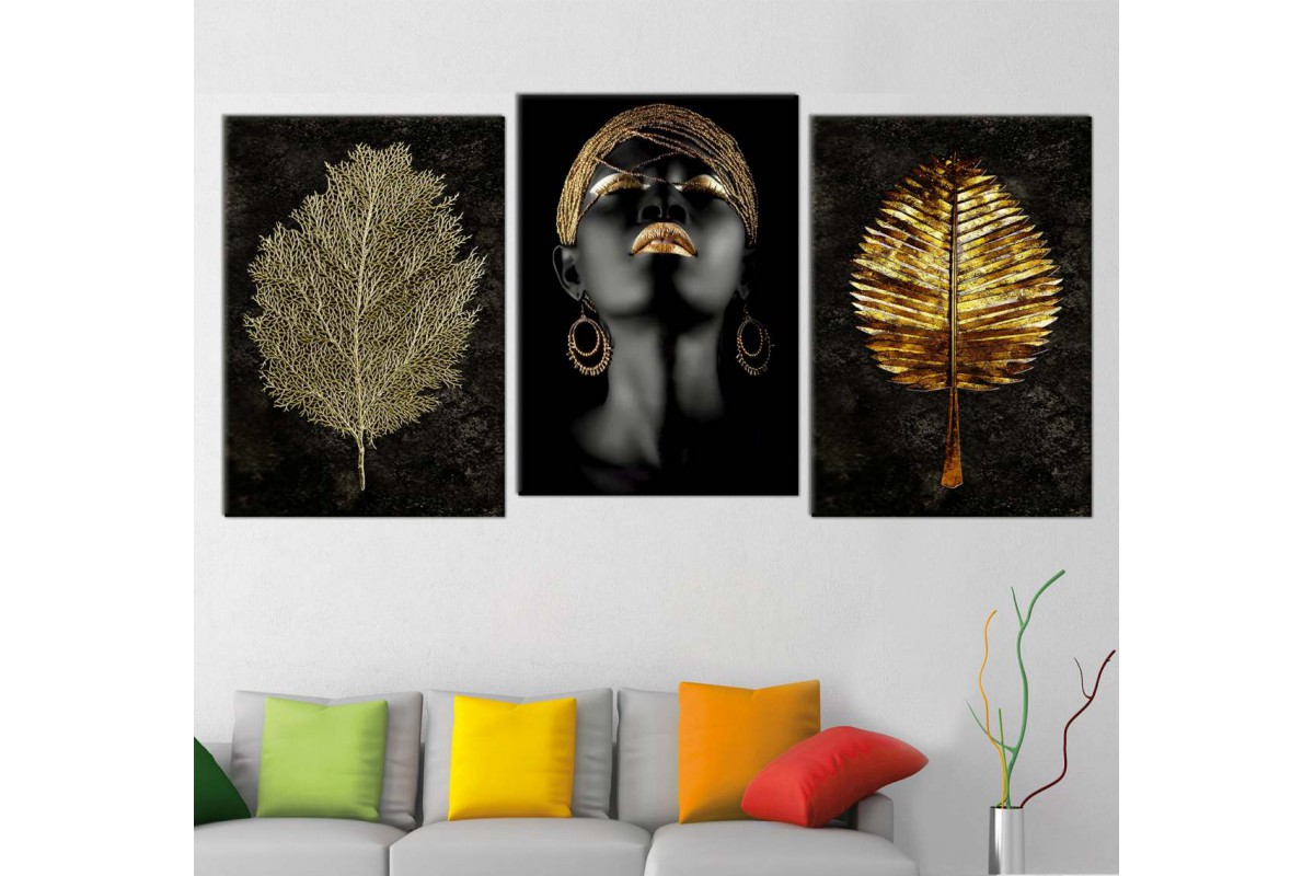 srda4d_3p - Altın Takılar ve Afrikalı Kadın, Altın Yapraklar Kombin Kanvas Tablo Seti