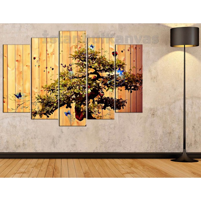 srks47 Soyut Bonsai Ağacı ve Kelebekler Dekoratif Kanvas Duvar