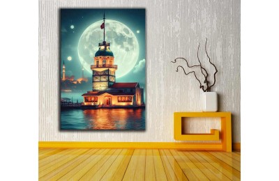 Kız Kulesi Kulesi ve Dolunay'da İstanbul Fantastik Masalsı Gece Kanvas Tablo dkmr286
