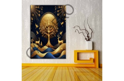Fantastik Ağaç ve Geyikler Gold Kanvas Tablo dkmr379
