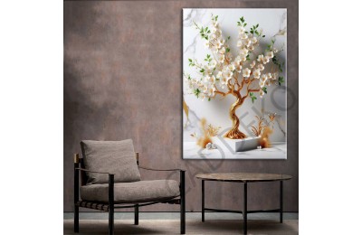 Beyaz Yeşil Uzakdoğu Çiçekleri Gold Dekoratif Kanvas Tablo dkmr440