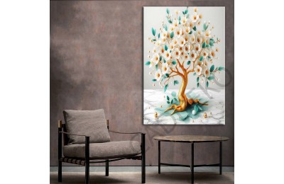 Beyaz Turkuvaz Uzakdoğu Çiçekleri Gold Dekoratif Kanvas Tablo dkmr445