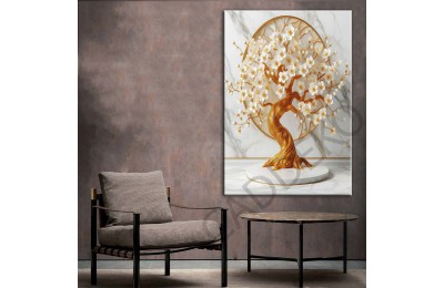 Beyaz Uzakdoğu Çiçekleri Gold 5 Dekoratif Kanvas Tablo dkmr447