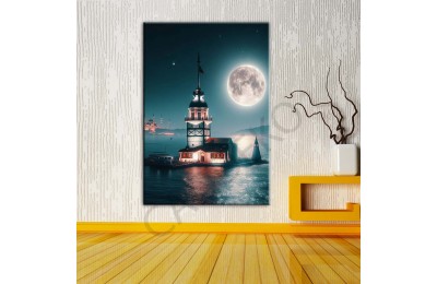 İstabul Kızkulesi Dolunay Fantastik Gece 2 Dekoratif Kanvas Tablo dkmr475