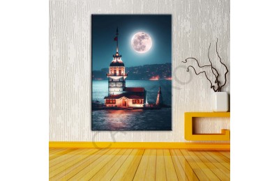 İstabul Kızkulesi Dolunay Fantastik Gece 3 Dekoratif Kanvas Tablo dkmr476