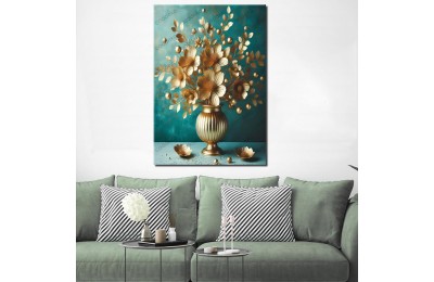 Vazoda Gold Çiçekler Dekoratif Tablo dkmr511