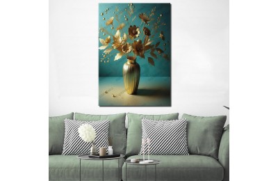 Vazoda Gold Çiçekler Dekoratif Tablo dkmr516