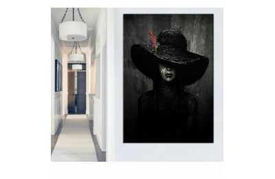 skrd45b - Yağlı Boya Görünümlü Siyah Şapkalı Kadın Dekoratif Kanvas Duvar Tablosu