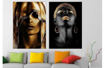 srda5e_2p - Altın ve Gümüş Rengi Siyah Makyajlı Afrikalı Kadınlar Kanvas Tablolar - 2 adet